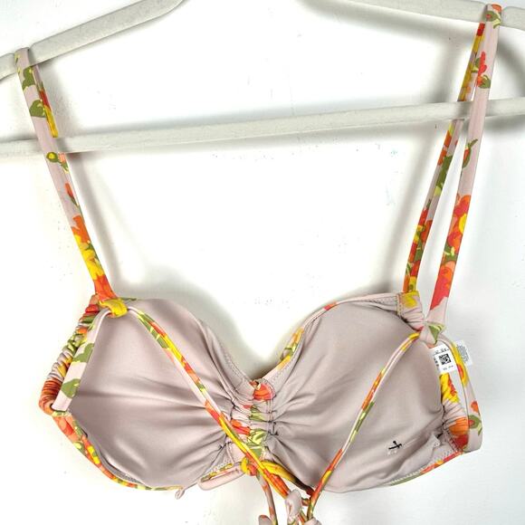NWOT Aerie Bandeau Beige with Yellow Orange Floral Print Cinch Front Bikini Top - Picture 2 of 7